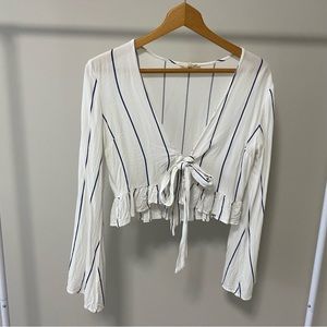 La Hearts Tie Front Long Sleeve Blouse White Blue Stripe Small